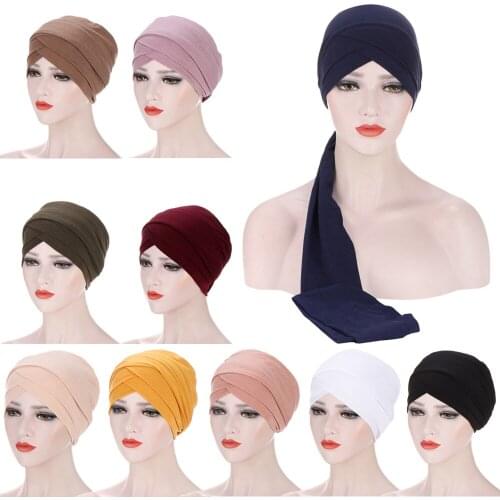 Muslim Hijab Turban Corss Head Scarf Wrap Women Chemo Cap Bandana Islamic Long Tail Headscarf Stretch Indian Beanie Hair Bonnet