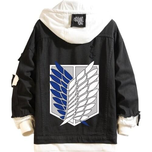 Men Women Black Jeans Coat Anime Attack On Titan Eren Denim Jacket Hoodies Outwear Hooded Streetwear Cosplay Costume Tops S-4XL