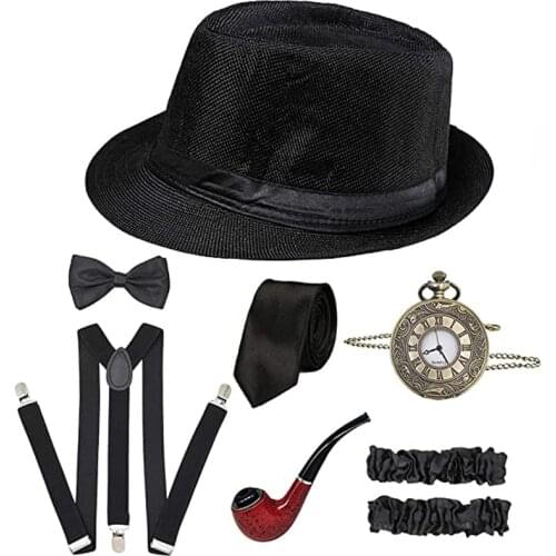Cosplay Costumes Halloween 1920S Mens Great Gatsby Accessories Set Roaring 20s 30s Retro Gangster Costume Black Gray Brown