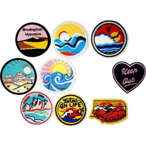 Seaside Beach Coast Embroidered Iron on Patches for Clothing DIY Stripes Clothes Patchwork Sticker Custom Applique