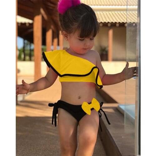 2021 New Summer Baby Kids Girl Two Piece Swimsuit Child Swimwear Ruffles Bow Water Sports Bikini Shoulder Beach Bathing