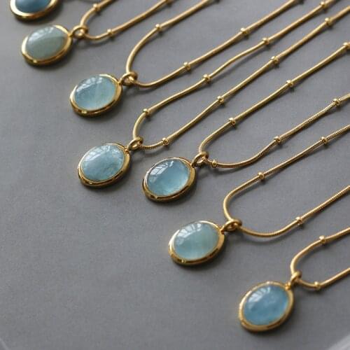 Natural Aquamarine Pendants Necklaces Titanium Steel Natural Stone Clavicle Chain Pendants Necklaces for Women Vintage Jewelry