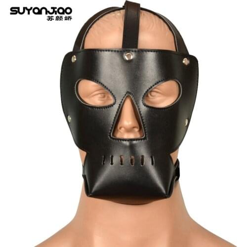 Adjustable PU Leather Padded Hood Head Hood Restraints Harness Mask Fetish BDSM Bondage Open Eyes+Nose Gimp Mask Couples Toys