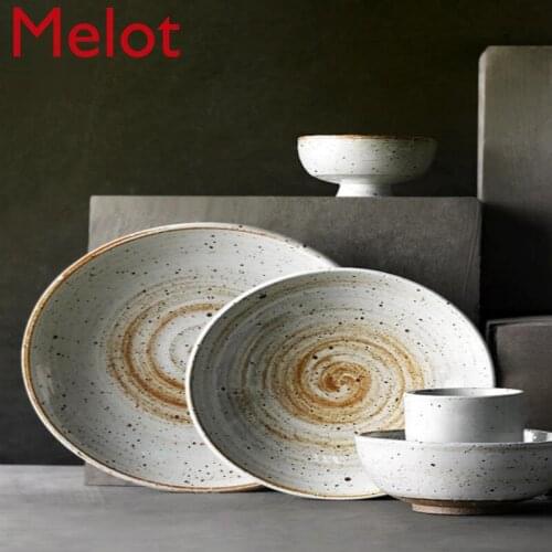 Handmade Coarse Pottery Tableware Set Retro Style Bowl Ceramic Plate Dish Bowl Plate Household Coarse Pottery Tableware