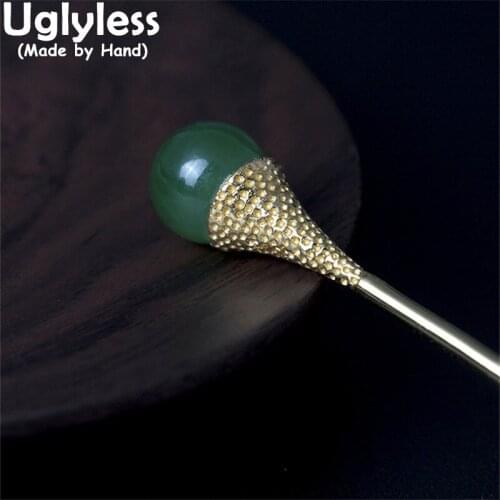 Uglyless Natural Jade Jasper Balls Hair Sticks for Women Mysterious Oriental Charming 925 Silver Gemstones Hair Jewelry Gold