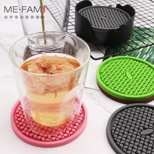 Thicken Silicone Round Coasters With Tray Holder Non Slip Anti Overflow Heat Insulation Tea Cup Mat Protection Tabletop Set of 6