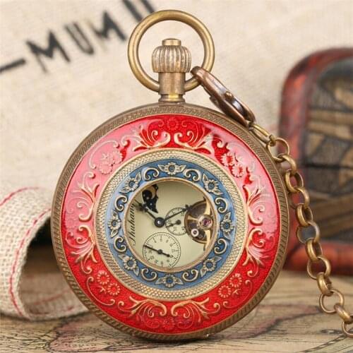 Vintage Hollow Double Hunter Mechanical Pocket Watch Exquisite Luxury Pure Copper Automatic Tourbillon Roman Numeral Retro Clock
