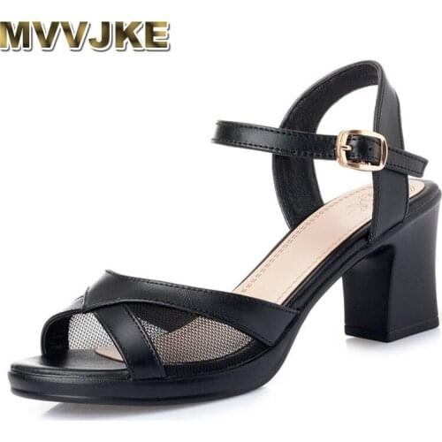 MVVJKE Summer New Sandals Women 2020 High Heel Fashion Genuine Leather Women Summer Sandals With Yarn Mesh Women Sandals