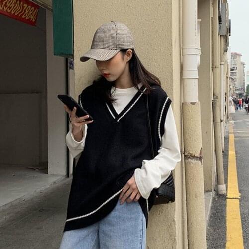 Japanese Style Sweet Girls Clothing Knitting Chic Sweater Vest Women V-Neck School Simple Apricot All-match Loose Daily Harajuku