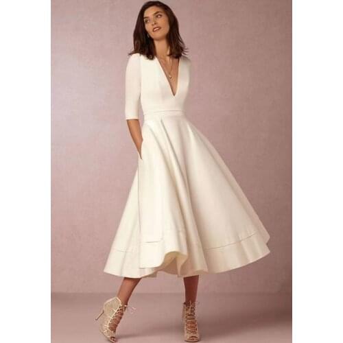 2021 New Design Deep V-Neck Half Sleeve Satin Tea Length Simple Plain Wedding Dress Bride Gown Vestidos De Novia