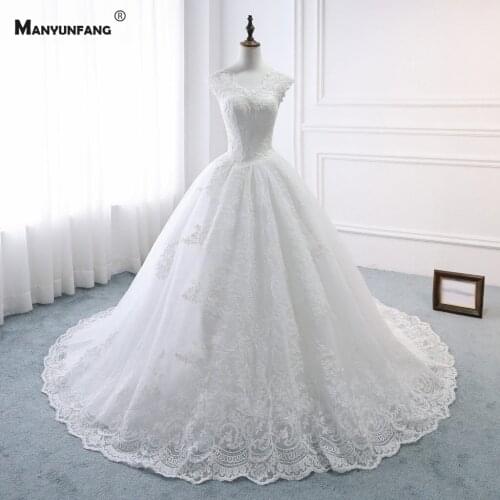100% Real High-End Cap Sleeve Embroidery Appliques Tulle Chapel Train Bridal Ball Gown Elegant V-Neck Lace Up Wedding Dress