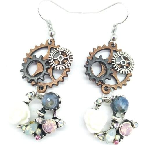 2020 New Original Design Mixture Gears with Floral Hoop Women`s Steampunk Earring