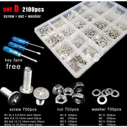 400/2100pcs M1.6 M2 M2.5 M3 M4 M5 304 A2 Stainless Steel Cross Phillips Flat Ultra Thin Head Screw Bolt Nut Washer Set Kit Box