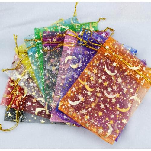 50pcs 10Colors Jewelry Bag 7x9 9X12cm Wedding Gift Star Moon Organza bag Drawable Jewelry Packaging Display & Jewelry Pouches
