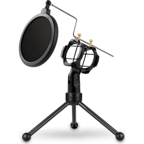 Microphone Holder with Pop Filter Desktop Tripod Stand Anti-Spray Net Kit Microphone Holder with Windscreen Filter