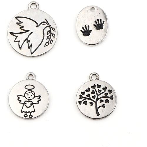 Doreen Box Hanmade Religious Charms Round Antique Silver Color Angel Bird Pattern Pendants DIY Making Necklace Jewelry,10PCs