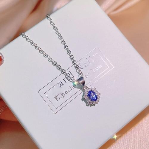 Classic Radiant Sapphire Pendant Necklace Lucky Birthstone Real 925 Sterling Silver Zircons Stud Necklaces Women Jewelry