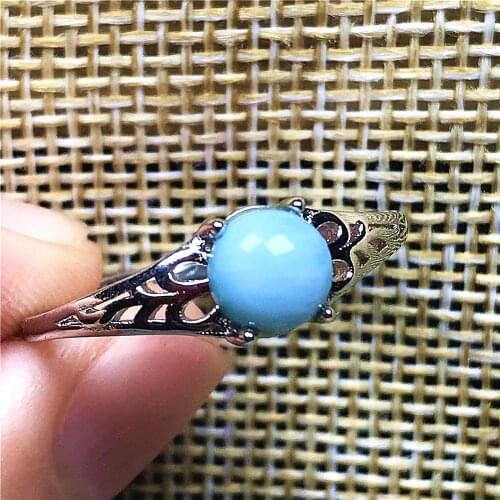 Real Natural Blue Larimar Ring Jewelry For Woman Lady Man Silver 6mm Beads Dominica Water Pattern Gemstone Adjustable Ring AAAAA