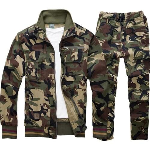 Autumn Mens Camouflage Military Cargo Jacket + Pants Sets Male Cotton Welding Anti-scald Wear-resistant Elastic Overalls Suit