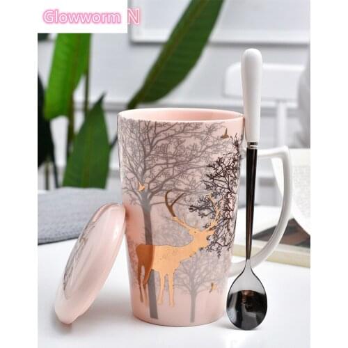 Glowworm Christmas Deer Mug Ins Pink Girl Heart Ceramic Cup Nordic Couple Water Cup Coffee Cup with Lid Spoon