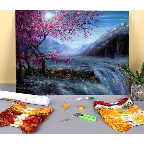Natural Scenery Blossom Falls Printed Canvas 11CT Cross Stitch Complete Kit DIY Embroidery DMC Threads Handmade Hobby Sales