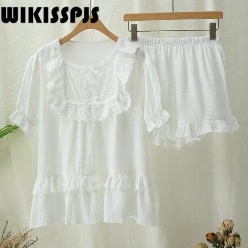 2021 New Summer White Lovely Pajama Girl Short Sleeve Home Suit Two Piece Set Summer Sleepwear Lounge Wear Bedroom Set