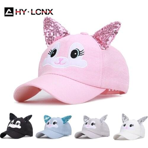 Autumn Spring New Baby Baseball Cap Cute Cartoon Cat Ear Kids Caps Boys Girls Cotton Hat for Kids Children Sun Hats Sequins Caps