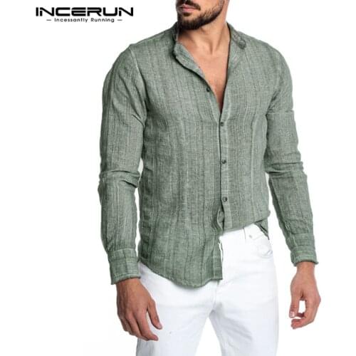 Solid Color Men Long Sleeve Shirt Stand Collar Vintage Leisure Blouse Streetwear 2021 Autumn Casual Mens Brand Shirts INCERUN
