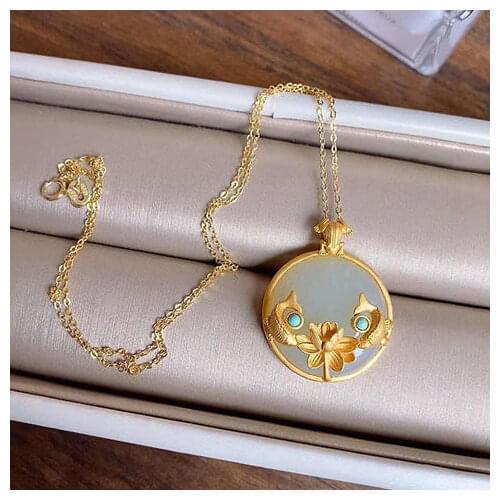 Silver inlaid natural and white field jade koi pendant necklace Chinese style retro palace style charm womens brand jewelry