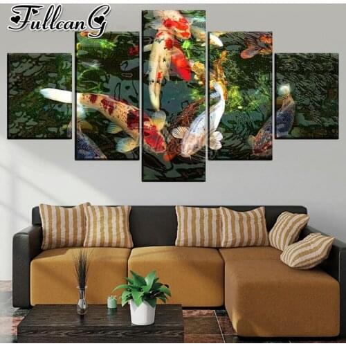 FULLCANG Color carp 5 piece diy diamond painting full square round drill mosaic embroidery sale lucky fish home decor FC3123
