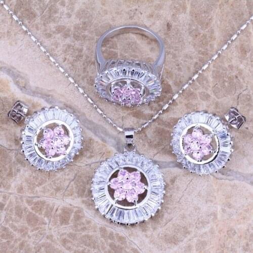 Superb Pink White CZ Silver Plated Jewelry Sets Earrings Pendant Ring Size 6 - 9 S0132