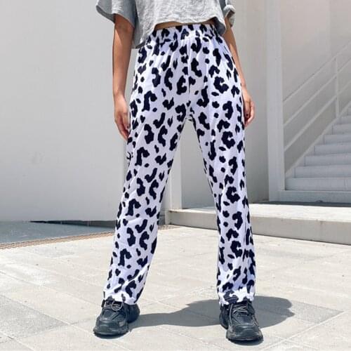 Streetwear Elastic High Waist Milk Cow Print Pants Women 2020 Casual Straight Loose Long Trousers harajuku Pantalon Femme capris