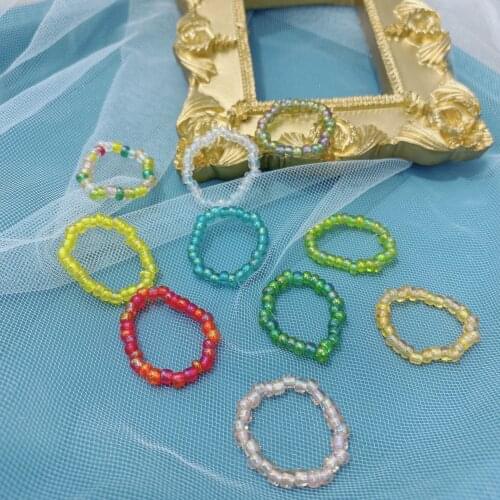 Korean Trendy Handmade Multi-Color Small Glass Rice Beaded Ring For Women Fashion Jewelry Stretch Weave Rings Accessories
