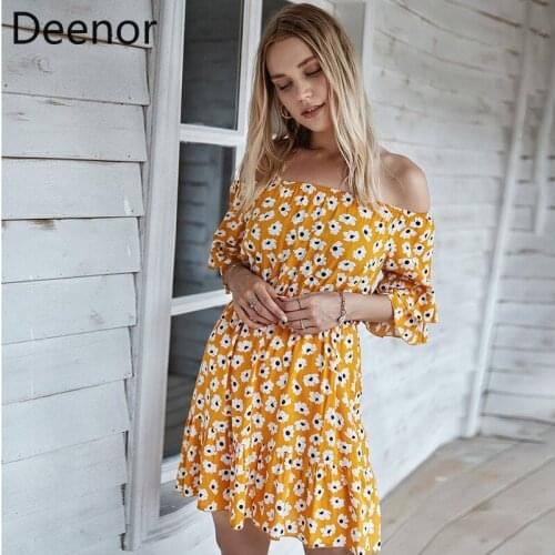 Deenor Summer Dress 2021 Off Shoulder Boho Beach Dresses Elegant Floral Print Yellow Vintage Sexy Slash Neck Mini Dress Vestidos