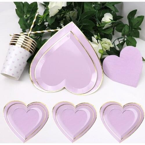 40Pcs/lot Purple Party Birthday Disposable Tableware heart-shaped Violet Paper Plate Wedding Decor Valentines Day Baby Shower