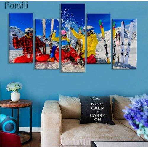 5 piece Winter Mountain Extreme Skiing Snowboarding Sports Steep Wall Art Pictures Canvas Oil Paintings Printings Home Decor