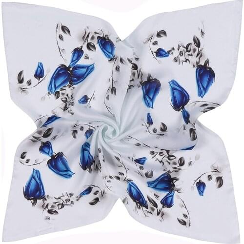 53cm Blue Rose Print Brand Small Square Scarves New Satin Silk Scarf Women Turban Fashion Headband Neck Tie Band Neckerchief