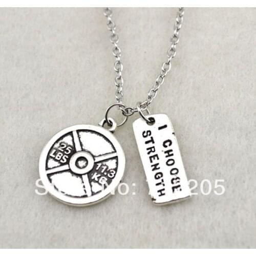 Antique silver plated Vintage Circle 25LBS 11.3KG Weight Plate and I Choose Strength sports necklace