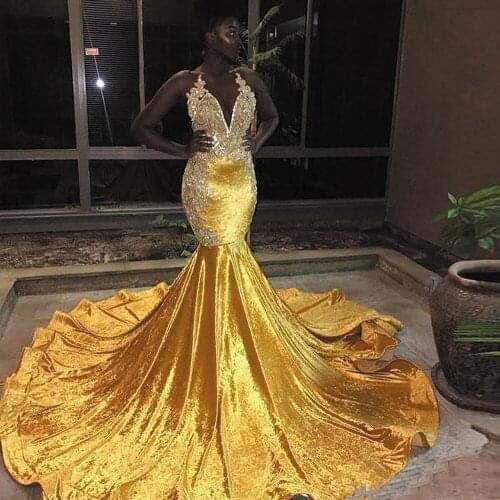 SuperKimJo Velvet African Evening Dresses Long V Neck Modest Lace Applique Mermaid Elegant Evening Gown Robe Soiree Femme