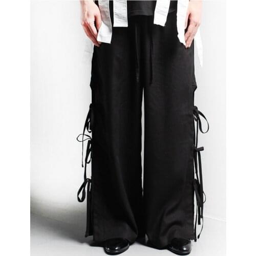 Yamamoto Style Mens and womens same Japan and South Korea lace up wide leg bobbin pants loose bandage cotton hemp thin pants