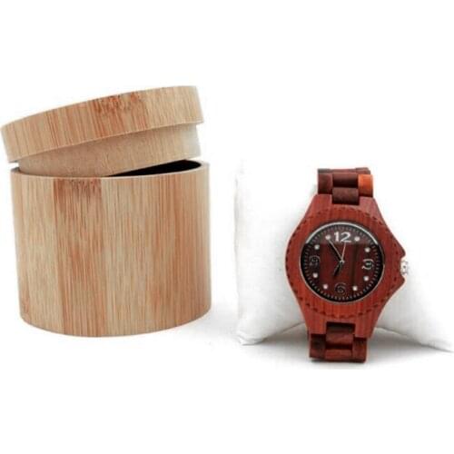 Elegant Bamboo Watch Gift Box Jewelry Display Cylindric Storage Case With Pillow