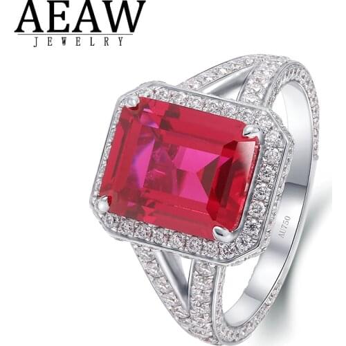 AEAW 5ct 14K White Gold Lab Ruby Ring Diamond Anniversary Classic Fine Jewelry