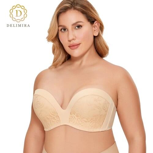 DelimiraWomens Slightly Lined Lift Great Support Lace Strapless Bra Plus Size