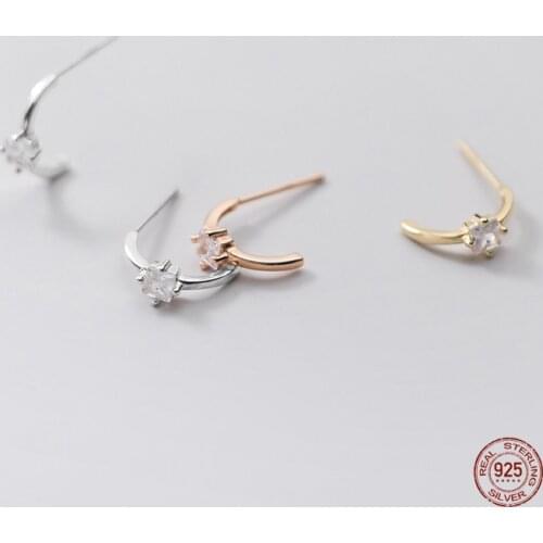 LKO 925 Sterling Silver Simple Four Claws Zircon Crystal Half Arc Shape Stud Earrings Women Punk Hip Hop Party Jewelry Gift