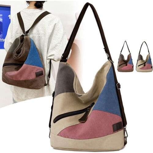 Multifunction Lightweight Womens Canvas Backpack Contrast Color Casual Large Capacity Hobo Bags Female Simple Shoulder Handbags