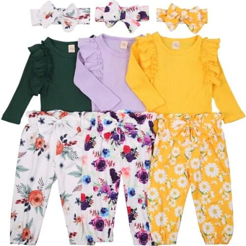 3pcs Fashion Cute Newborn Toddler Baby Girl Autumn Clothes Long Sleeve Solid Romper Top Floral Pant Headband Outfits