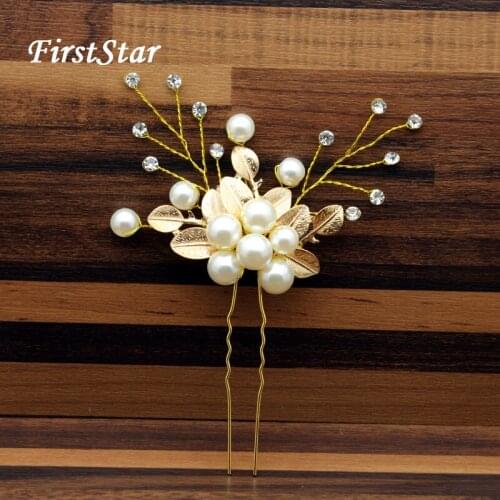 FirstStar Handmade Gold Leaves Pearl Hair Pins Sticks Crystal Wedding Hairpin Rhinestone Bridal Headpiece For Bridesmaid Bride