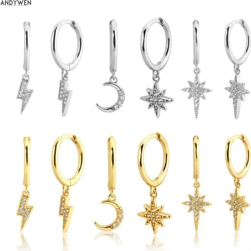 ANDYWEN 925 Sterling Silver 8.5mm Lighting Charm Moon Snow Flower Drop Earring New 2020 Rock Punk Fashion Zircon Fine Jewelry