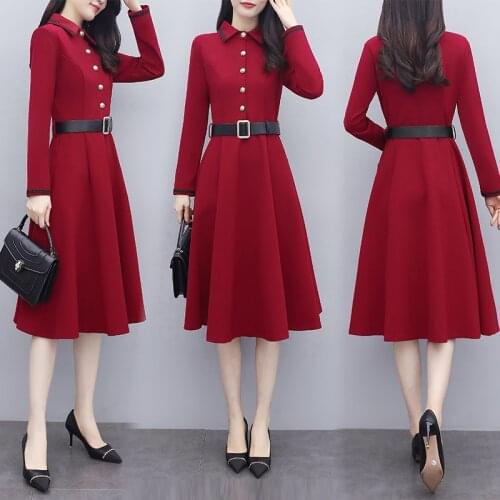 TingYiLi Spring Autumn Elegant Womens A-line Midi Dress Vintage Long Sleeve Black Red Dress With Belt Korean Plus Size Dress