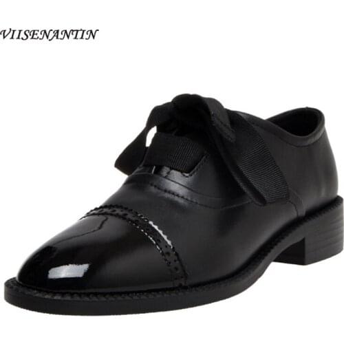Black Genuine Leather Brogue Shoes British Retro Broch Flat College Lace Round Toe Shoes Butterfly-knot Dress Zapatos De Mujer